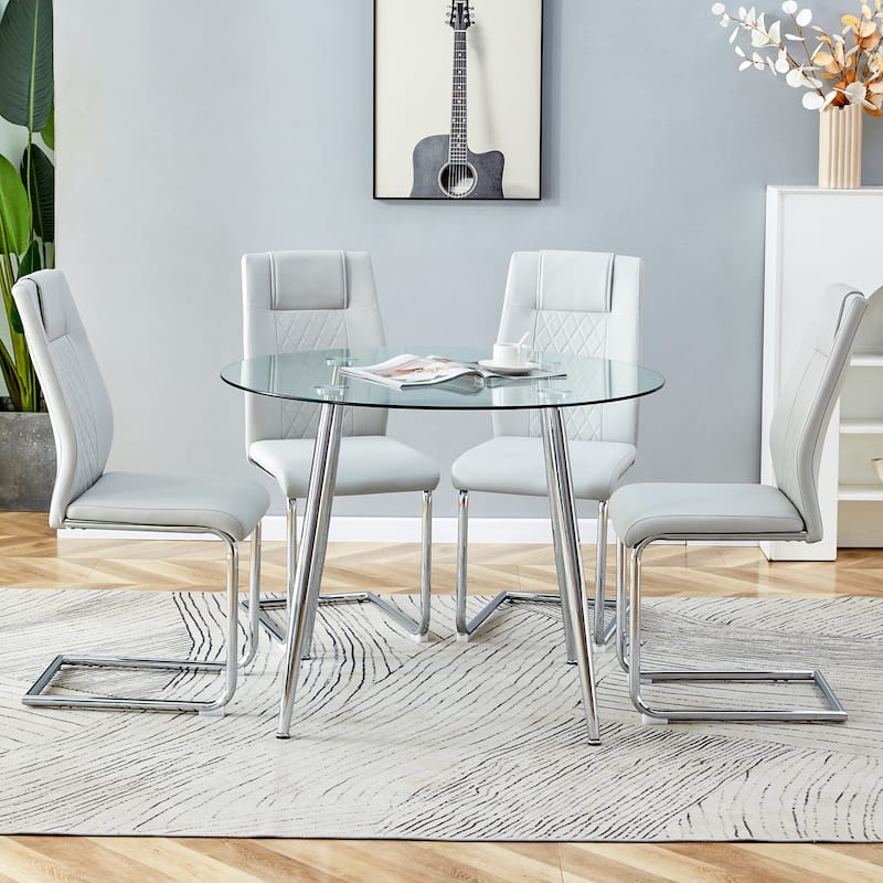 Modern 5-Piece Dining Set with Round Glass Top & 4 PU Upholstered Chairs
