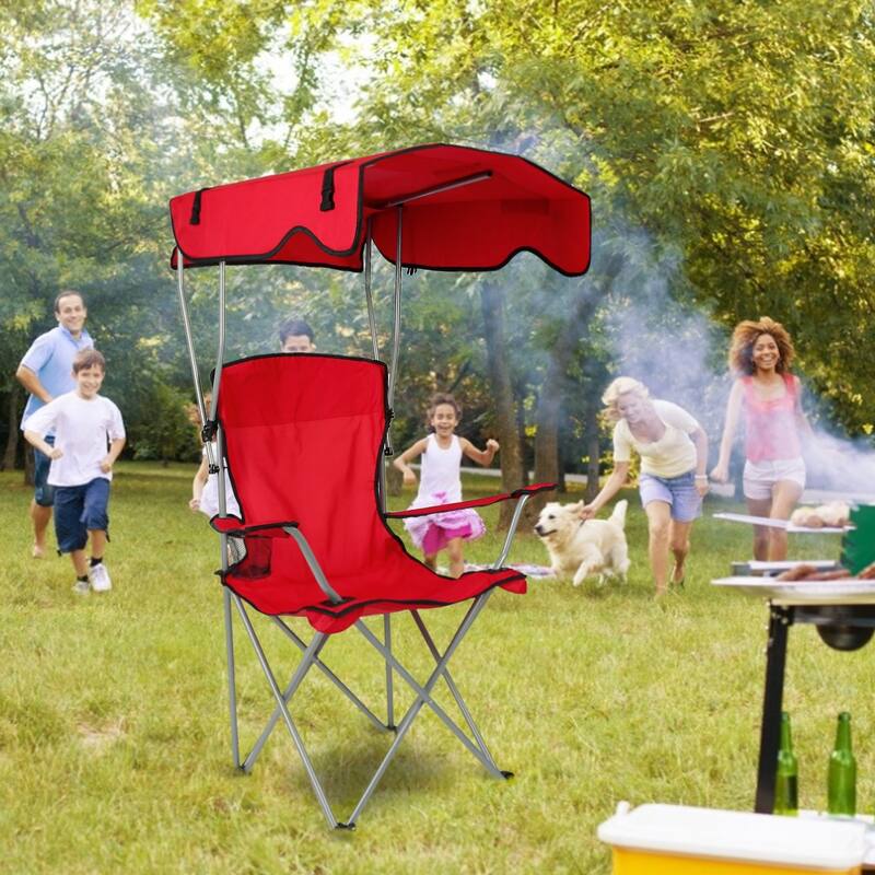 Foldable Beach Canopy Chair With Sun Shade Cup Holder 330LBS - Red