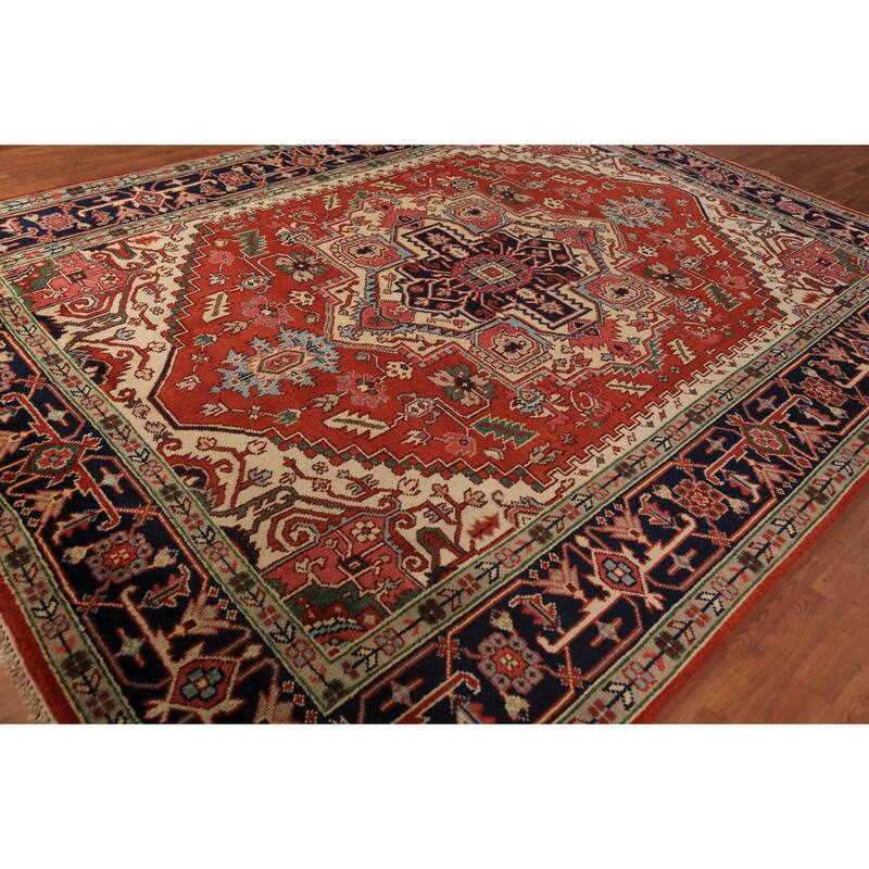 Geometric Heriz Serapi Indian Area Rug Hand-Knotted Wool Carpet - 8'11"x 11'7"