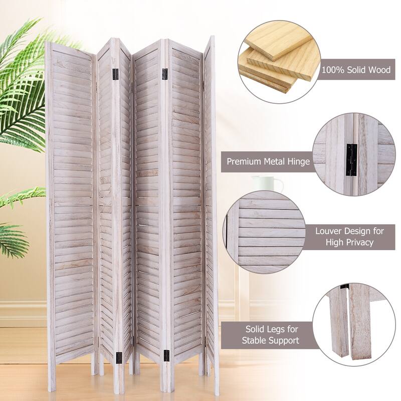 Six Panel Wooden Room Divider Screen with Louvered Slats - 96.0" x 0.8" x 67.0"(L x W x H)