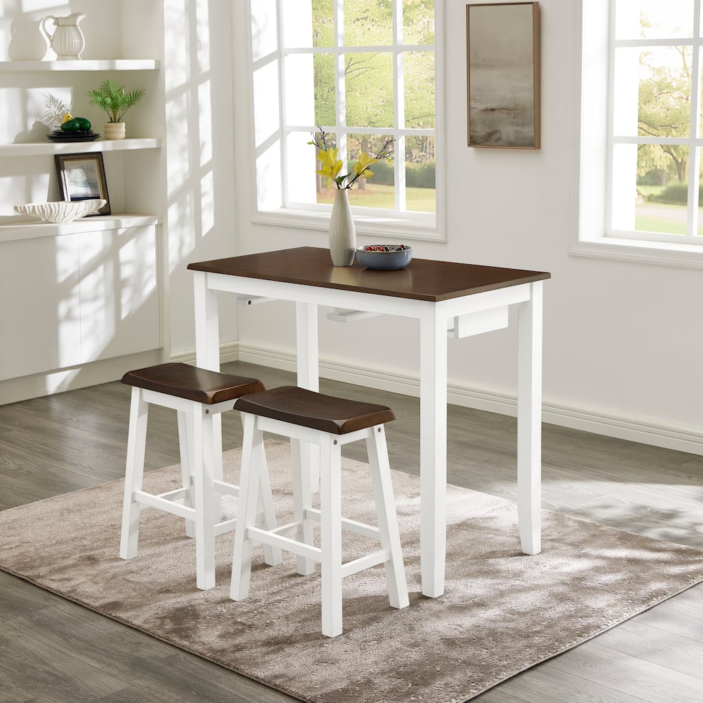 Roomfitters 3-Piece Dining Table Set with Bar Stools, Modern Pub Table for Kitchen, Dining or Breakfast Nook, White & Brown