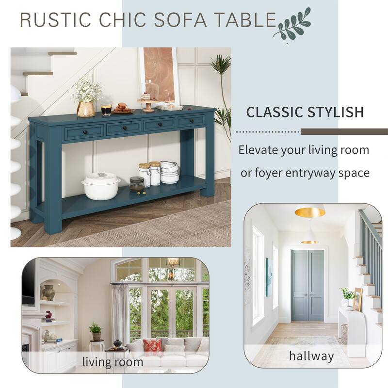 Rustic Dark Blue Console Table Entry Hallway Table, 63" Wood Rectangular Sofa Side Table with 4 Storage Drawers and Bottom Shelf