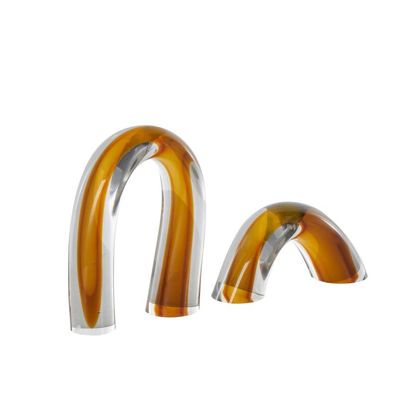 Orange Glass Arch Abstract Decorative Sculpture with Clear Accents (Set of 2)