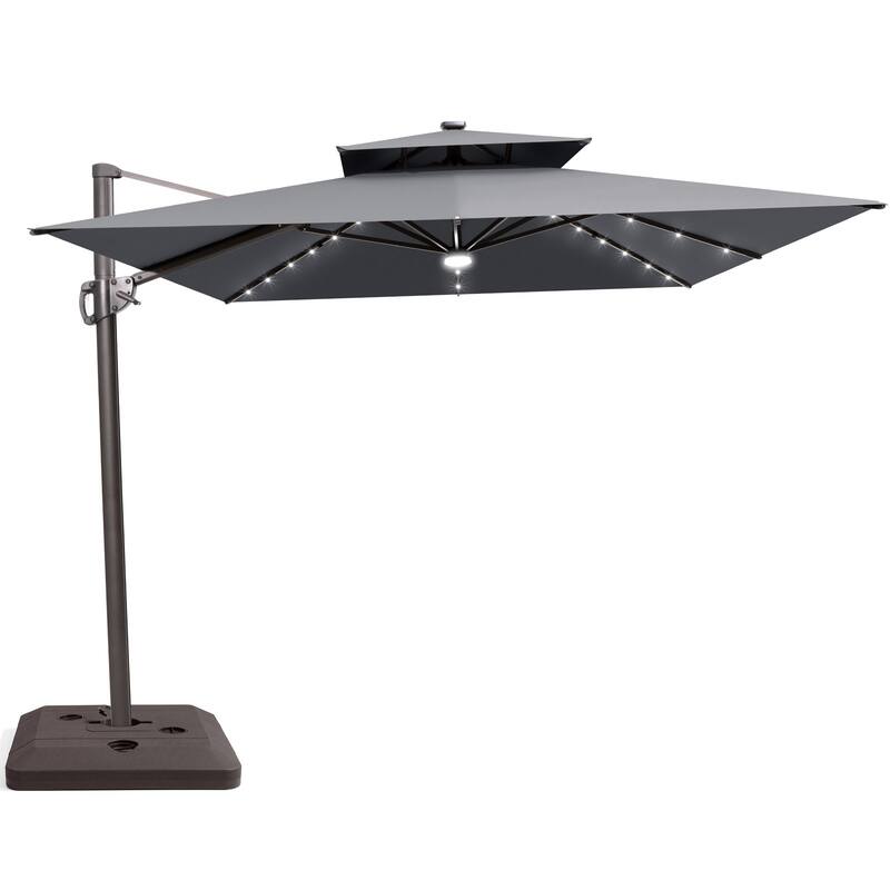 9 FT x 11 FT Outdoor Double Top LED Lighted Patio Cantilever Umbrella with Base