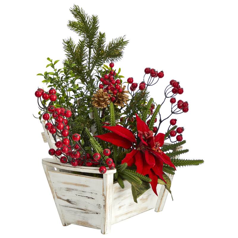 18” Poinsettia with Succulent and Berry Artificial Floral Arrangement in Wooden Bench Vase
