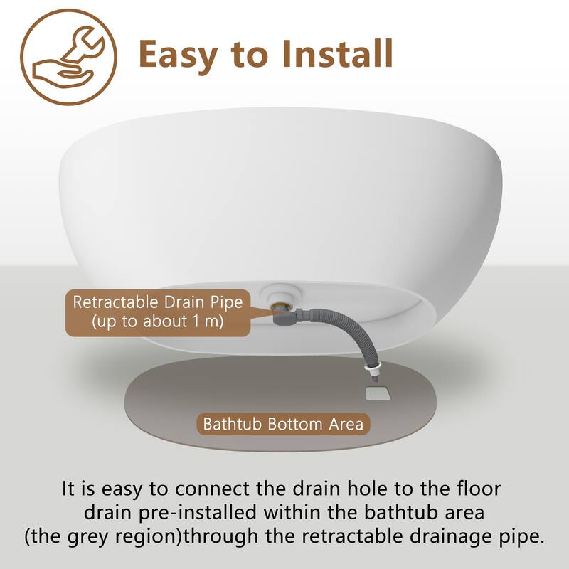 CASAINC Soaking Bathtub Solid Surface Stone Bathtub with Center Drain in Matte White