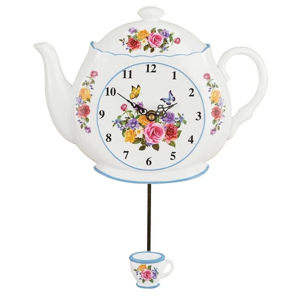 Colorful Floral Teapot Swinging Pendulum Wall Clock 11 x 13.25 x 2