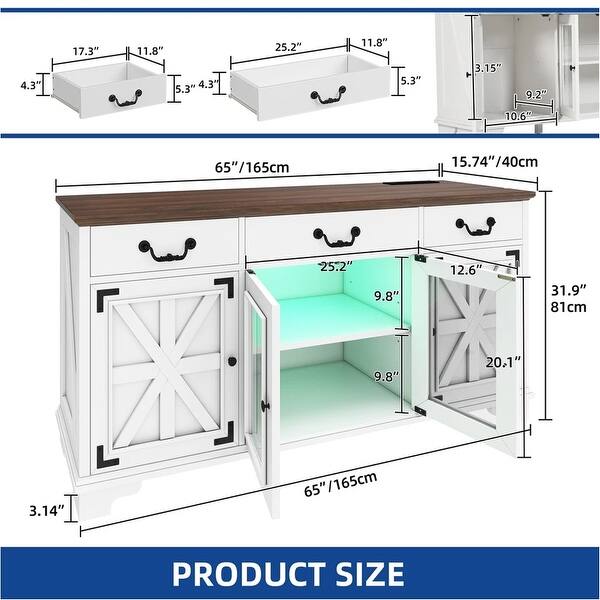 65 Inch Farmhouse Sideboard Cabinet LED Light with 3 Drawers - 65 ...