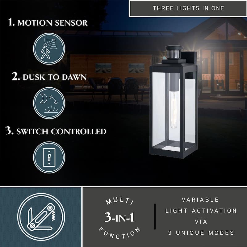 Kinzie Black Motion Sensor Dusk to Dawn Outdoor Wall Light Clear Glass