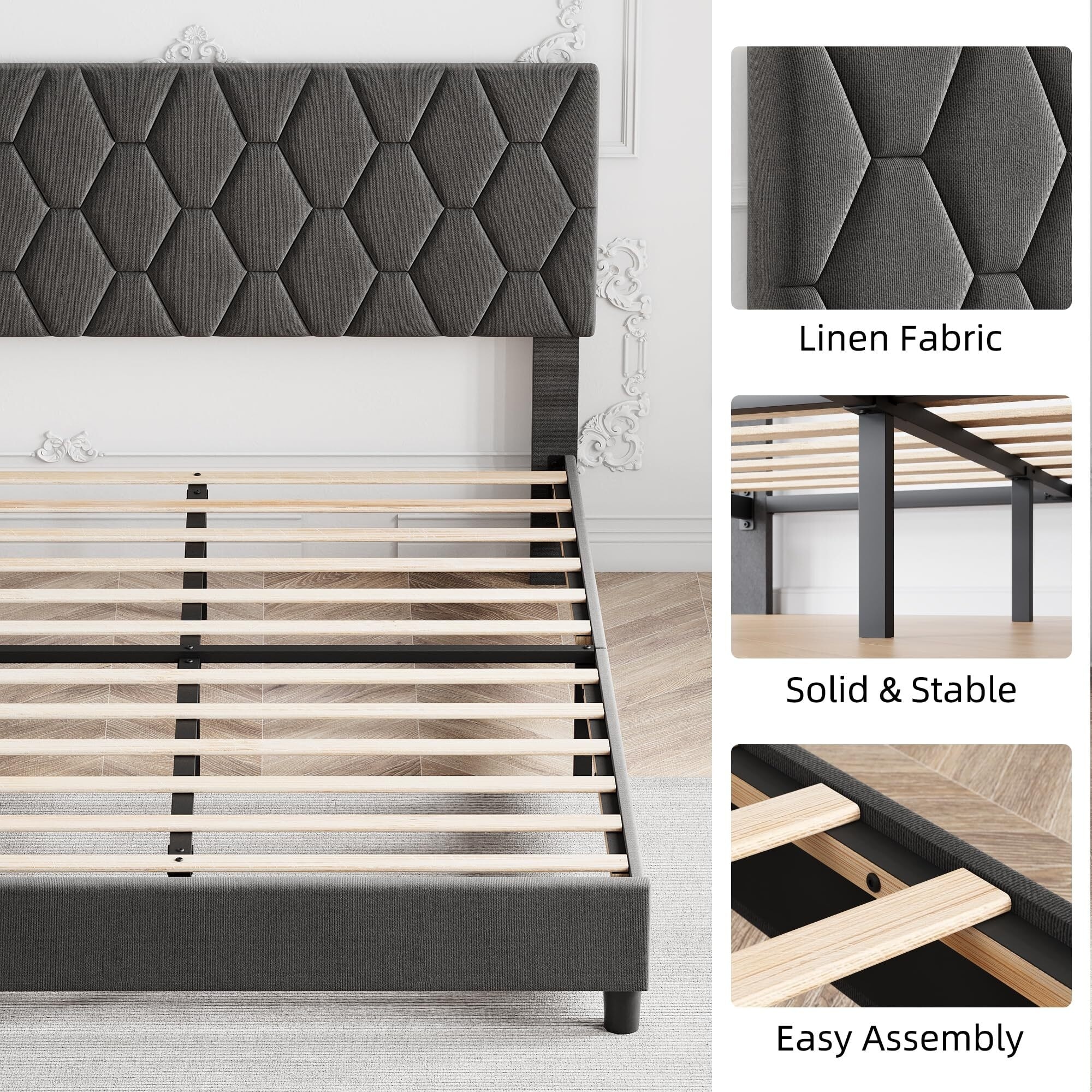 Linen Fabric Upholstered Bed Frame with Adjustable Headboard