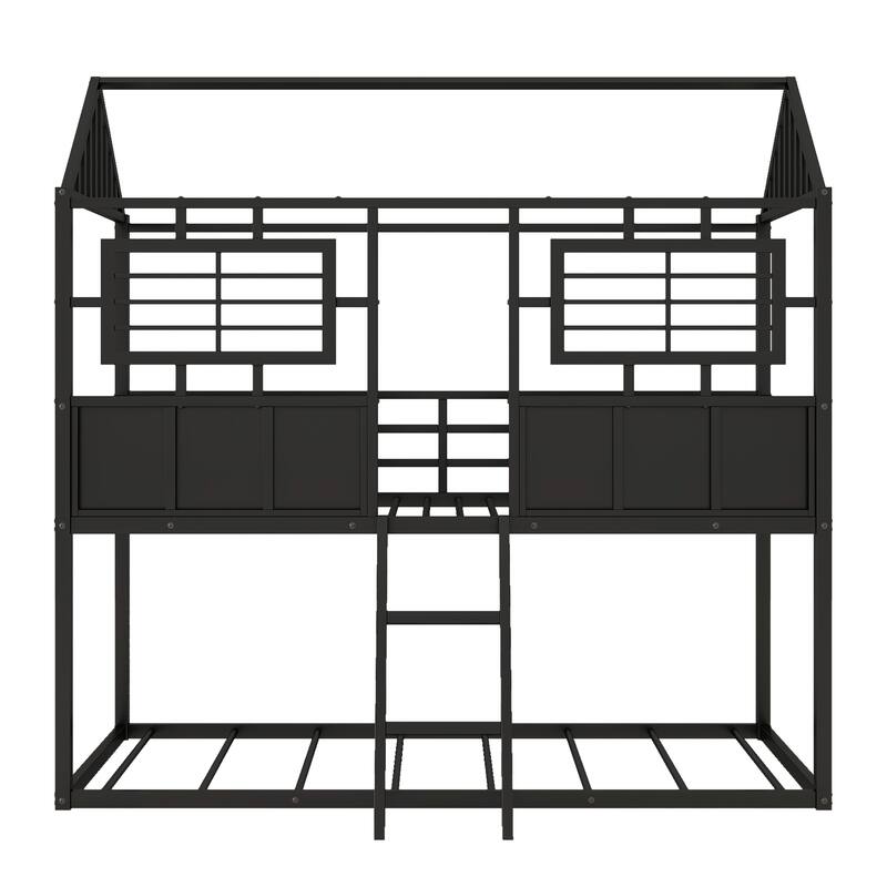 Metal Twin over Twin Low Bunk Beds with Roof and Fenceshaped Guardrail