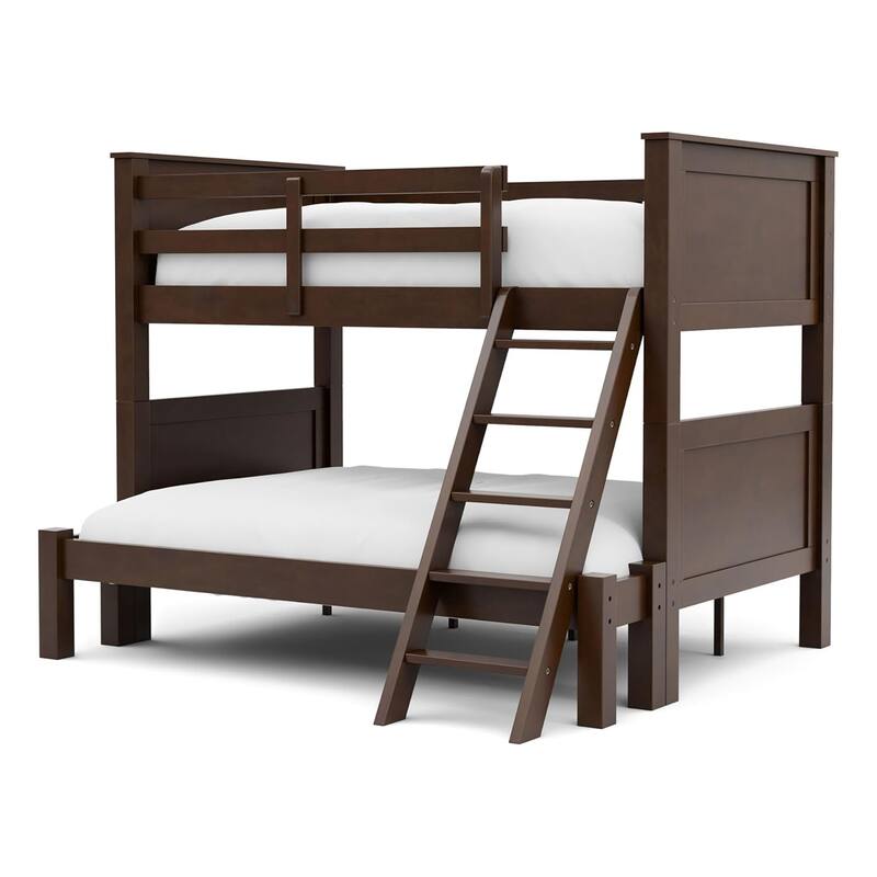 Zedy Twin over Full Bunk Bed with Ladder and Guardrails, Walnut Brown