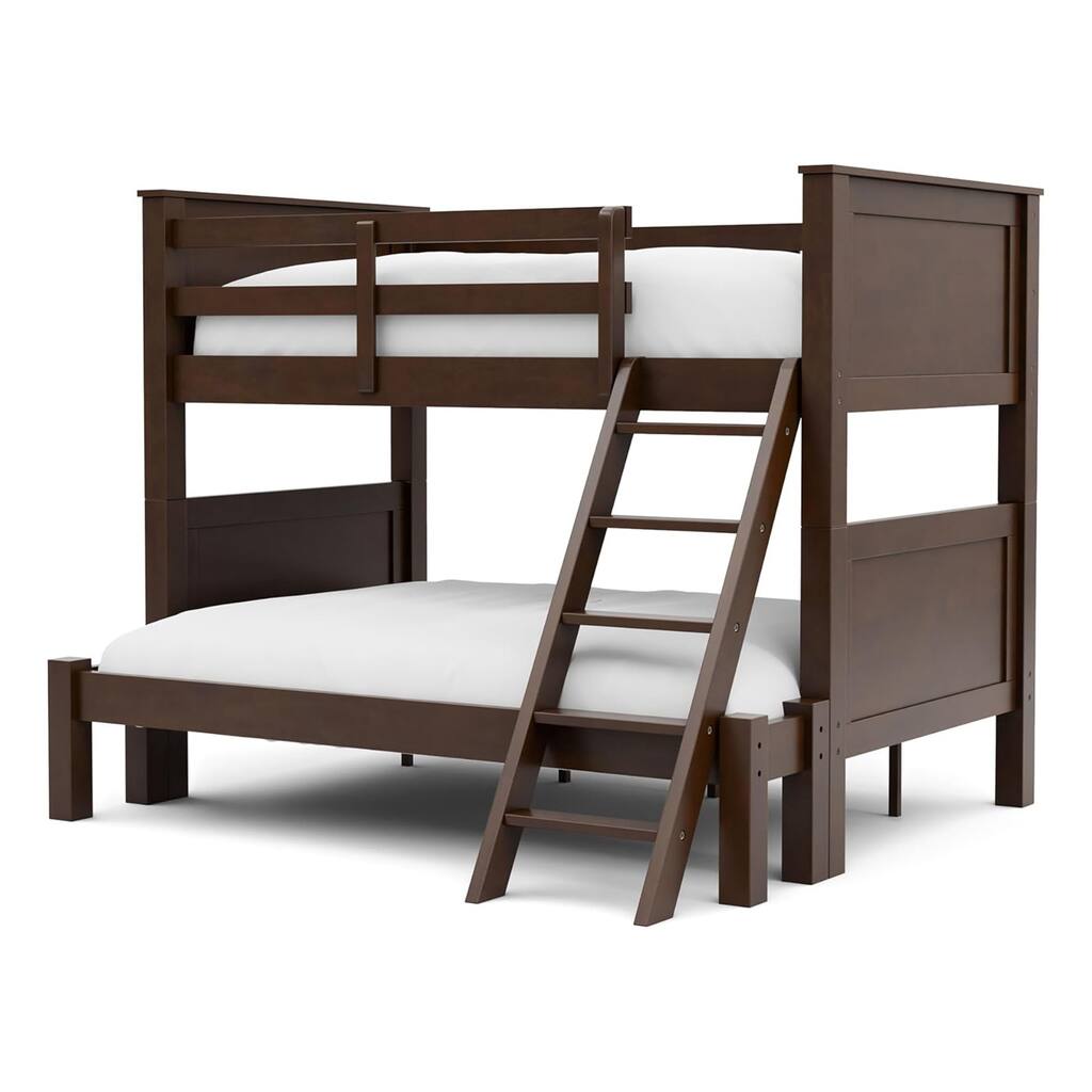 Zedy Twin over Full Bunk Bed with Ladder and Guardrails, Walnut Brown