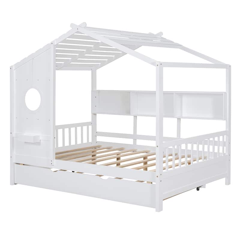Wooden Full Size House Bed With Trundle, Modern Design For Kids With Storage Shlef