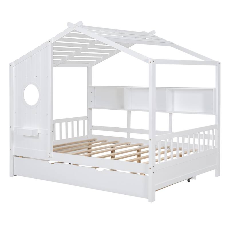 Wooden Platform Bed with Trundle & Storage Shelf