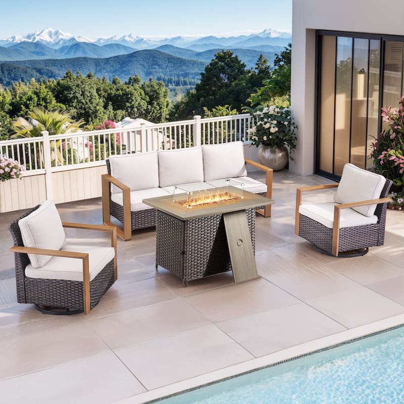 Pocassy Fire Pit Table with Outdoor Sofa Chair Ottoman Set - Brown Wicker Beige Cushion - 4-Piece Sofa Swivel Chair with Fire Table