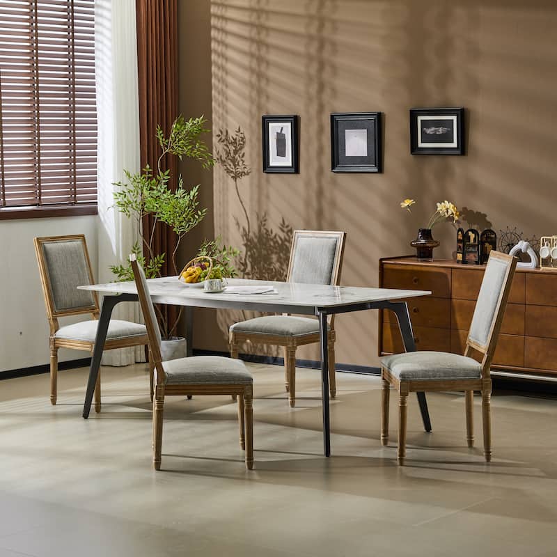 [Set of 4] French Country Dining Chairs - Elegant Cane Backrest & Upholstered Seats with Fluted Legs- Solid Rubberwood Frame
