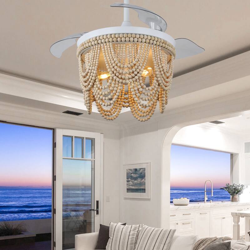 Bella Depot 42" Bohemian Retractable Ceiling Fan with Remote and Light 6-speed Modern Wood Chandelier