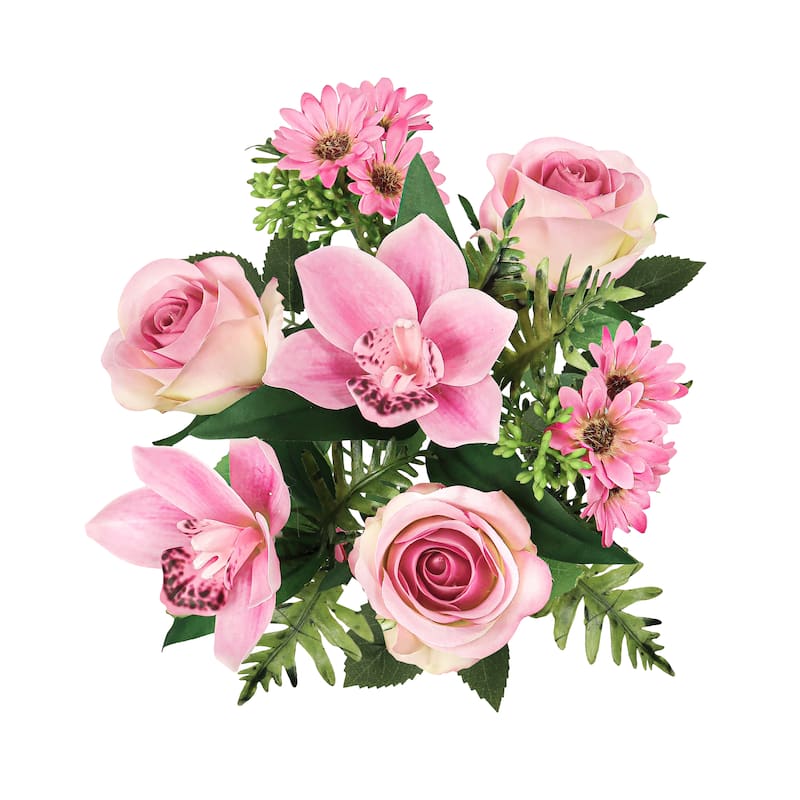Set of 2 Pink Artificial Mixed Rose Cymbidium Orchid Daisy Flower Stem Bush Bouquet 16in - 16" L x 9" W x 9" DP