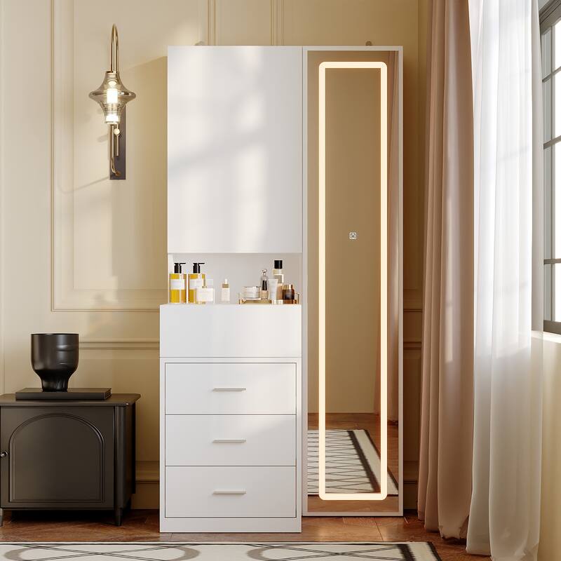 LED Full Length Mirror Jewelry Cabinet with 3 Drawers & Sliding Storage, Lighted Vanity Storage Dresser