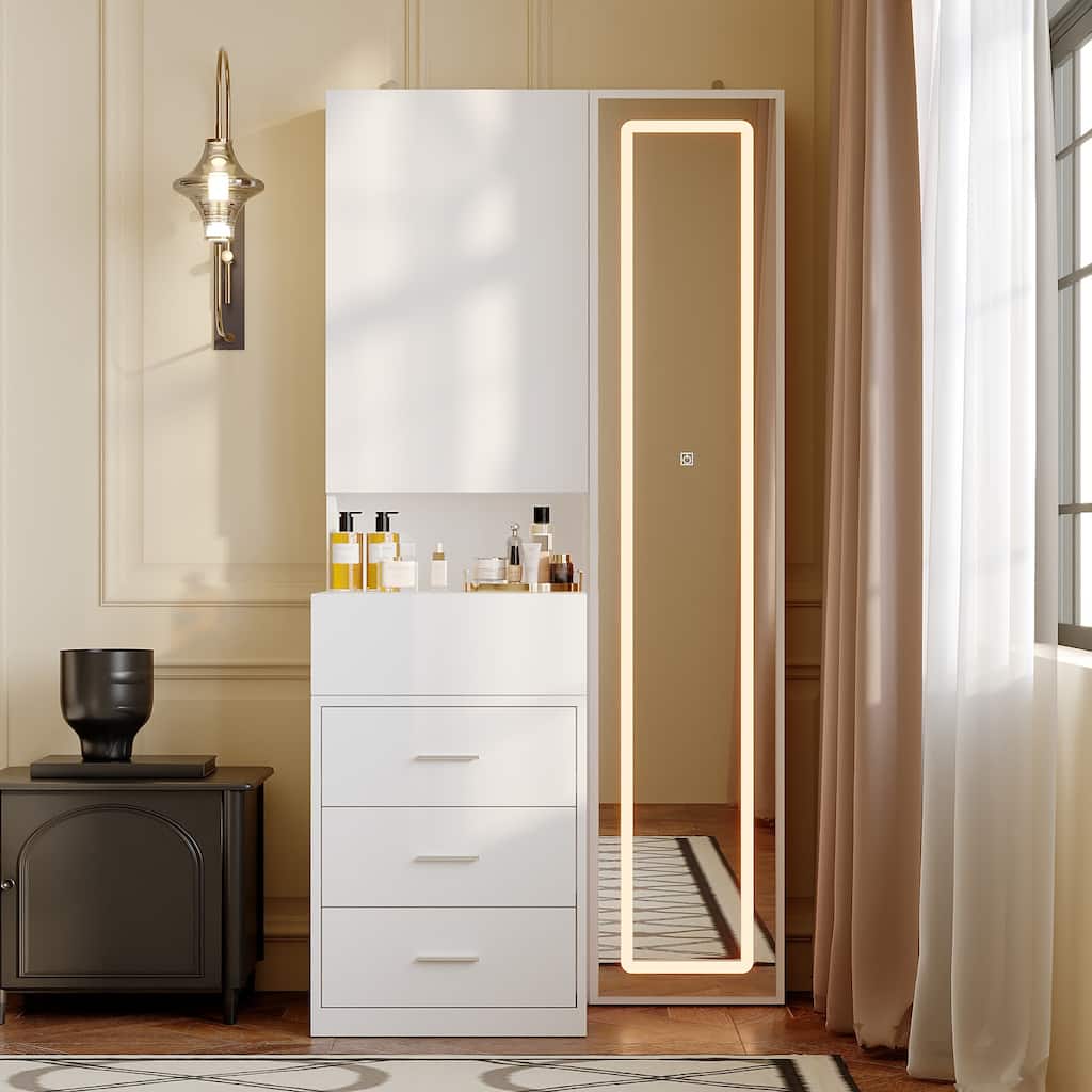 LED Full Length Mirror Jewelry Cabinet with 3 Drawers & Sliding Storage, Lighted Vanity Storage Dresser