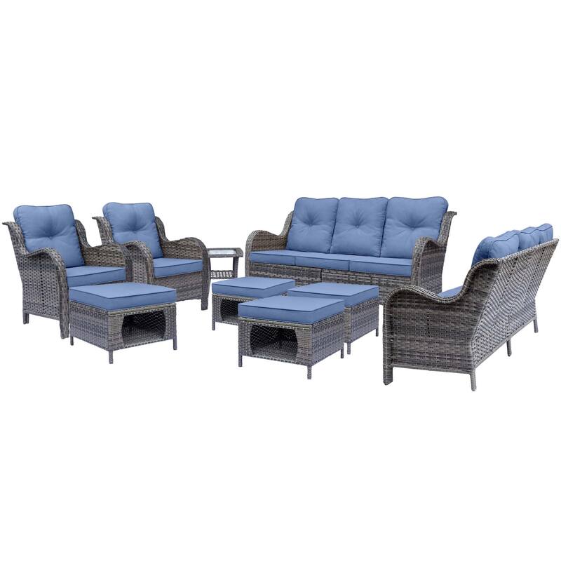 Gray Wicker Outdoor Patio Furniture Sofa Seating Set with Beige Cushions
