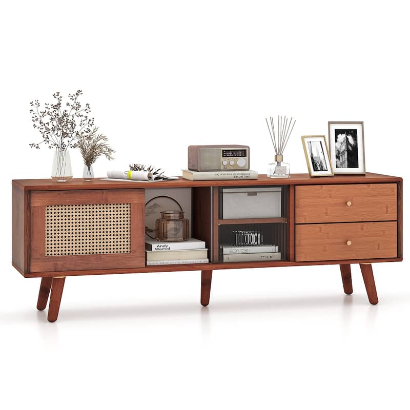 Wood Rattan Glass TV Stand with Drawers and Adjustable Shelves - 55" x 12" x 18"