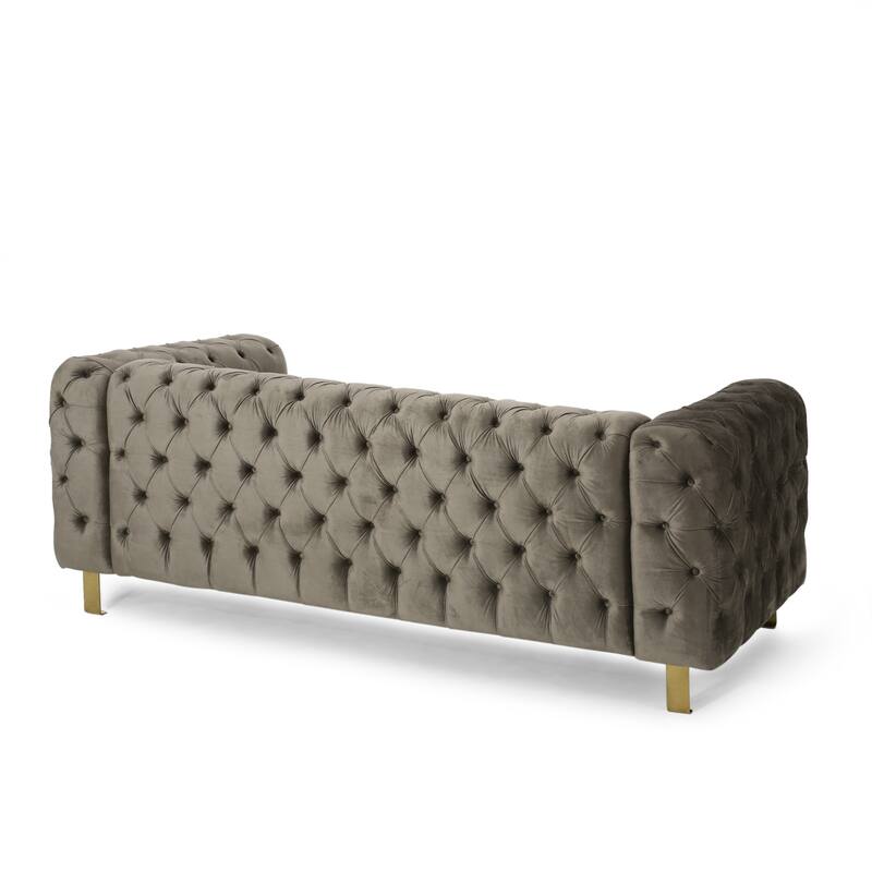 Velvet Button Tufted 3-seater Sofa with Iron Legs