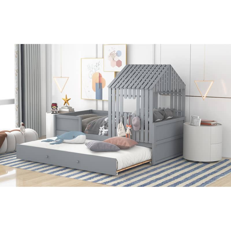 Twin Size House Low Loft Bed w/ Trundle Upholstered Bed Frame, Safety Guard Rails Platform Bed