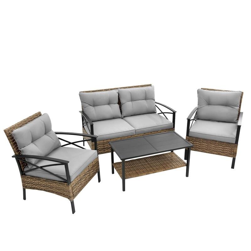 Outdoor 4 piece Rattan Wicker Conversation Sofa Set with Cushion