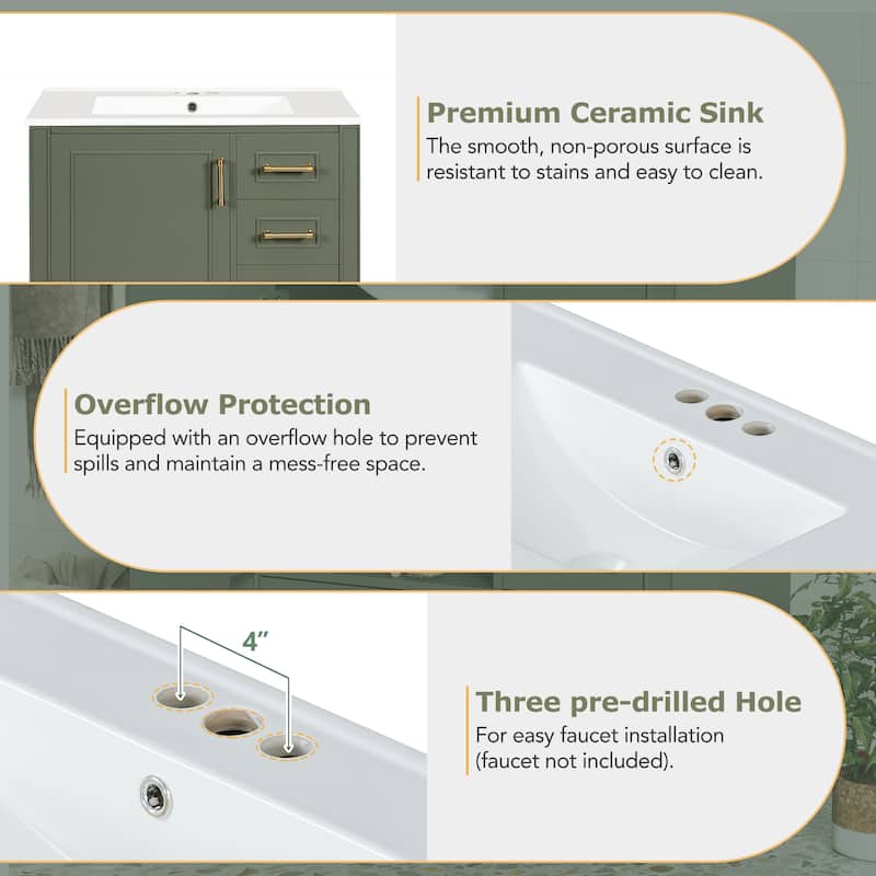 30" Freestanding Single Sink Storage Cabinet Bathroom Vanity with Gold Handles, Groove Decoration and Overflow Drain Protectio