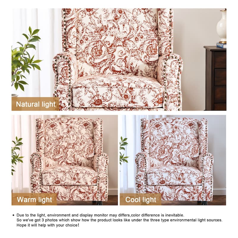 Traditional Floral Patterned Wingback Armchair with Nailhead Trim