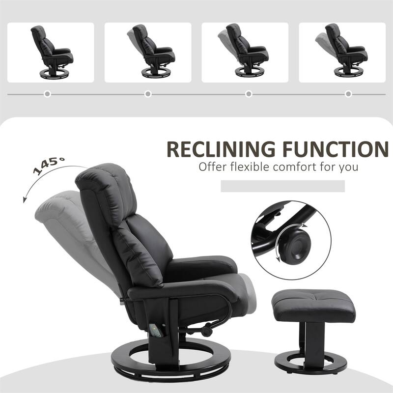 Faux Leather Recliner Chair with Vibration Massage, Swivel Wood Base