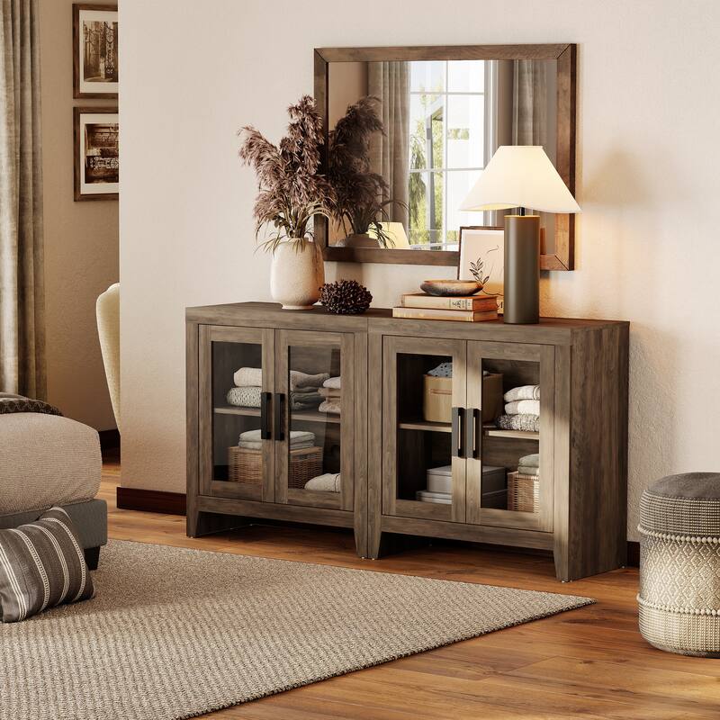 WAMPAT Modern Farmhouse TV Stand, Entertainment Center with Tempered Glass Doors & Adjustable Shelves