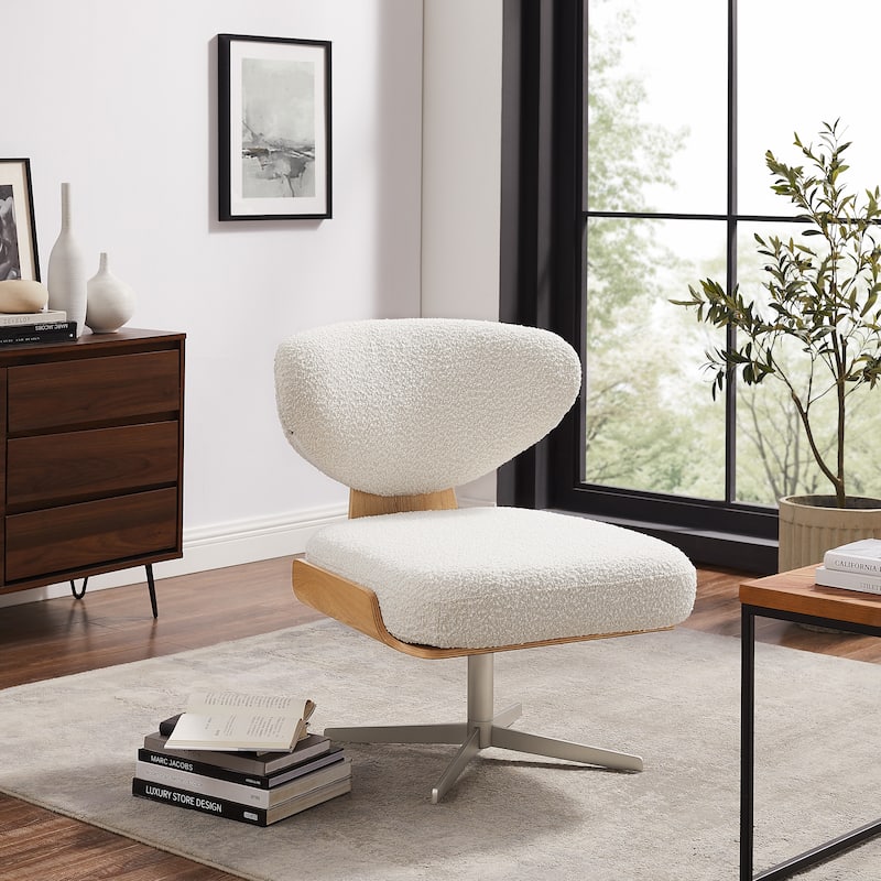 Art Leon Wood and Fabric Swivel Armless Accent Lounge Chair - White