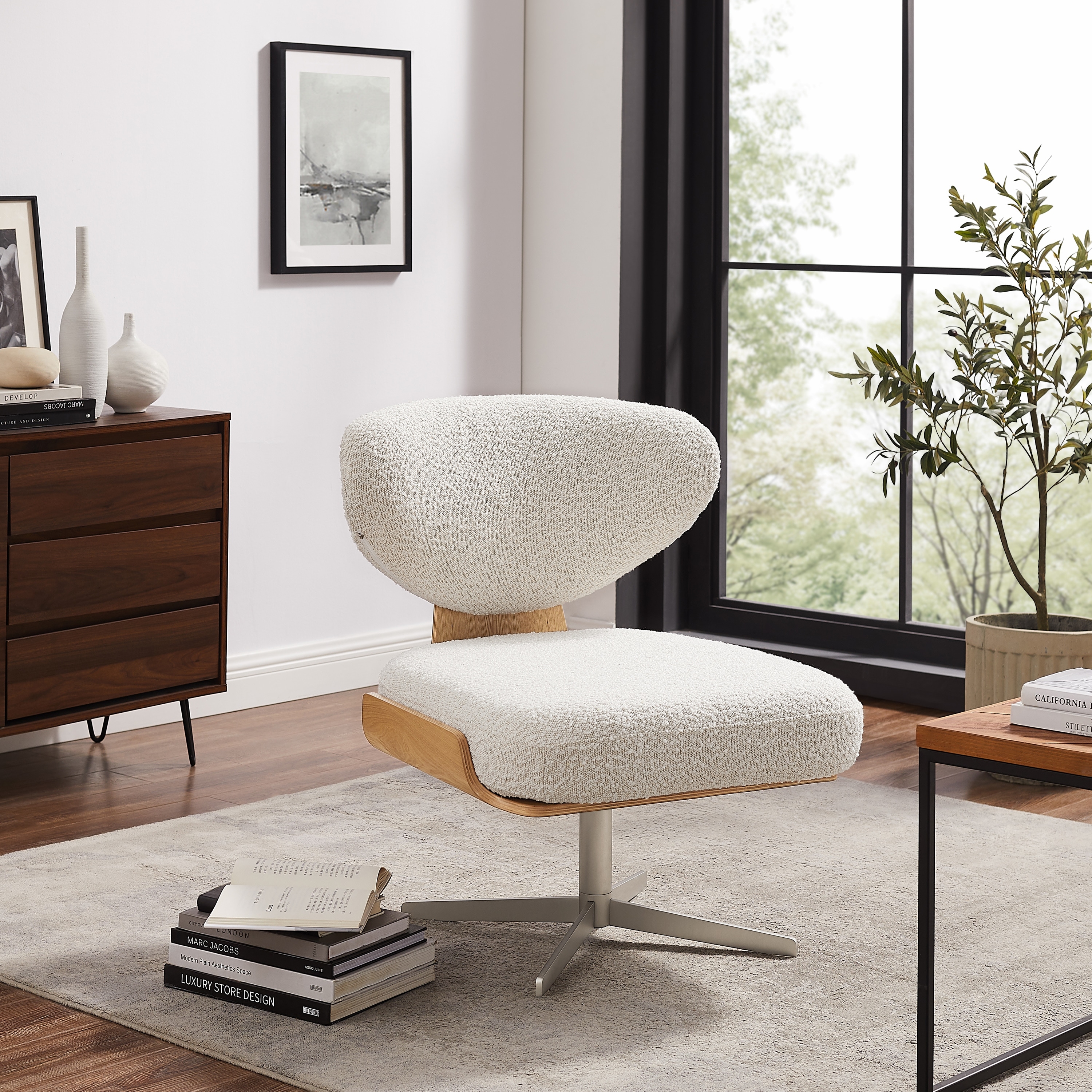Art Leon Wood and Fabric Swivel Armless Accent Lounge Chair