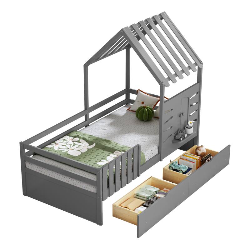 Twin Size House Bed with Guardrails, Storage Drawers, Roof, and Window Design