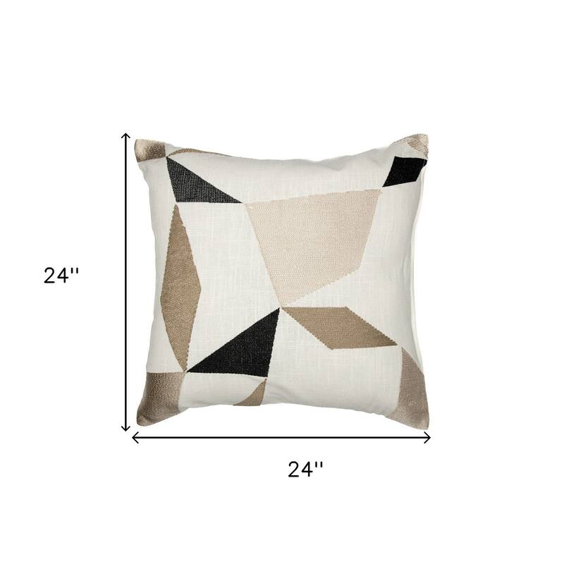 HomeRoots 24" Taupe and Ivory Geometric Cotton Blend Throw Pillow With Embroidery
