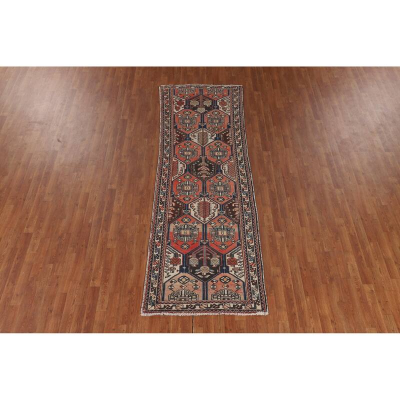 Tribal Orange Hamedan Persian Vintage Runner Rug Handmade Wool Carpet - 3'3" x 9'4"