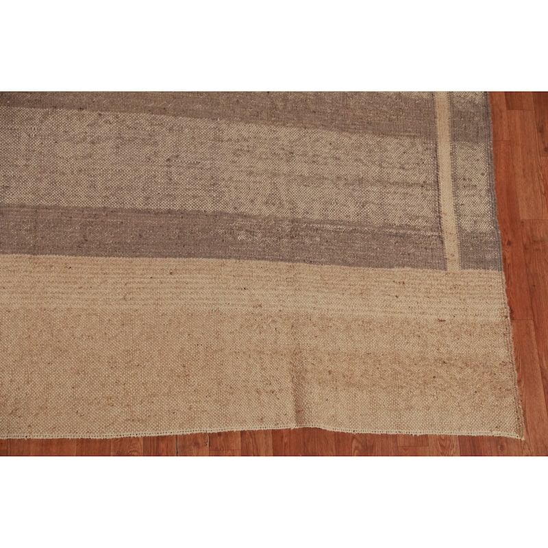 Hand Woven Oriental 100% Jute Carpet Modern Stripe Brown Kilim Area Rug - 9' 9'' X 8' 7''