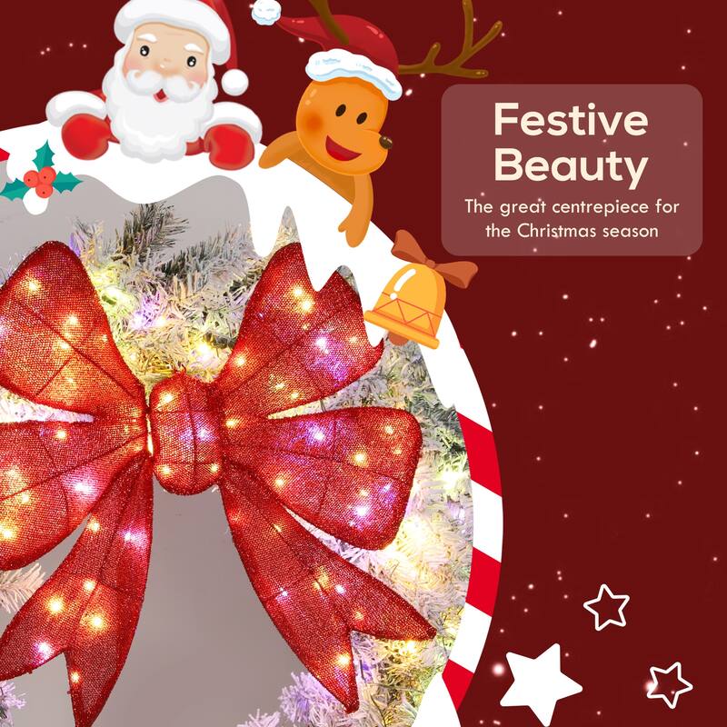 HOMCOM 60in Pre-Lit Flocked Wreath: 300 LED, 11 Modes, Remote, 3D Bow, 996 Tips, Indoor/Outdoor