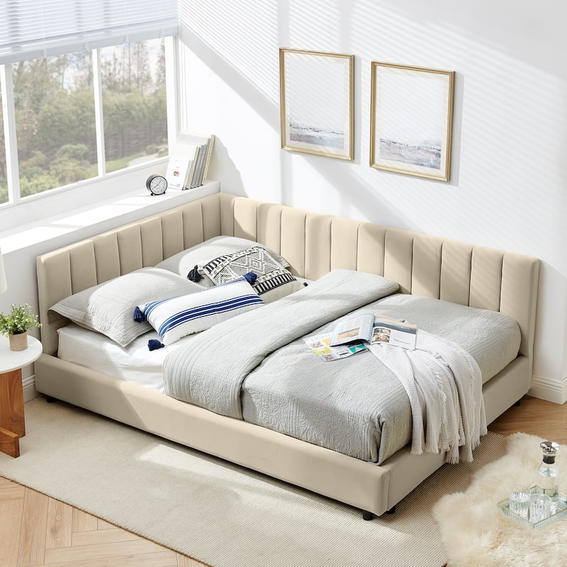 Full Size Upholstered Tufted Bed Frame with Backrest and Armrests, Velvet Beige, 81''x60''x29.5'' - Beige