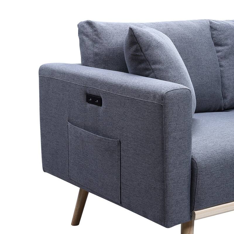 Linen Fabric Deep Seat Loveseat, Couch Settee with USB Ports and Pockets, 2 Seat Couch with Solid Wood Legs and Pillows