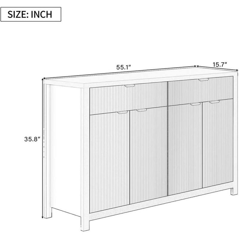 55" Modern Wave-Pattern Sideboard Cabinet Sofa Table with 2 Drawers and 4 Doors, 3-Level Adjustable Shelves