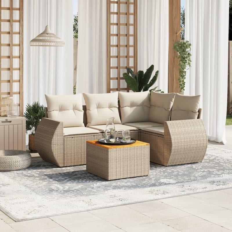 vidaXL Patio Sofa Set with Cushions Outdoor Furniture 5 Piece Poly Rattan - 24.4 x 24.4 x 27.2 - Beige and Cream