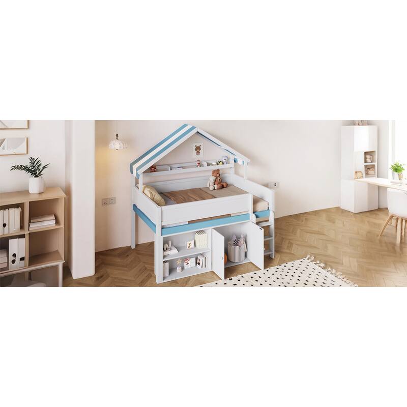 Roomfitters Full Size Loft Bed with House Canopy Roof and Storage Cabinet