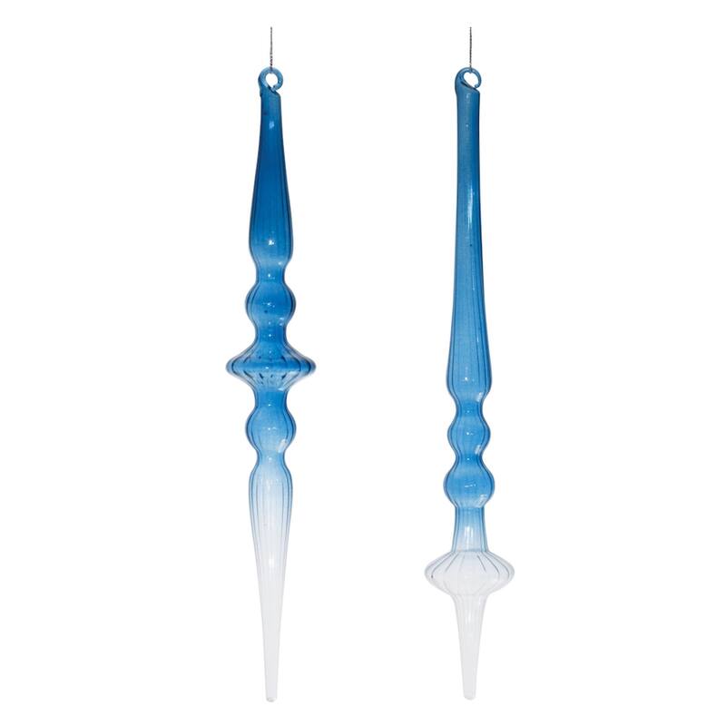 Ombre Ribbed Glass Finial Drop Christmas Ornaments - 12.5" - Blue - 12ct