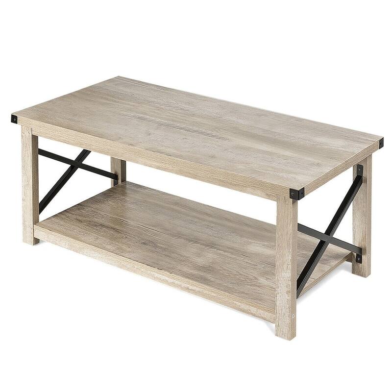 Rustic Accent Coffee Table Metal X Shaped Side Cocktail Table with Storage Shelf - 43.5" x 19.5" x 18"(LXWXH)