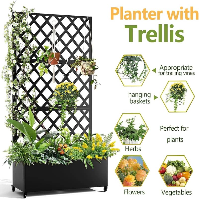 72x47Inch Metal Raised Garden Bed with Trellis and Lockable Casters Large with Drainage Holes