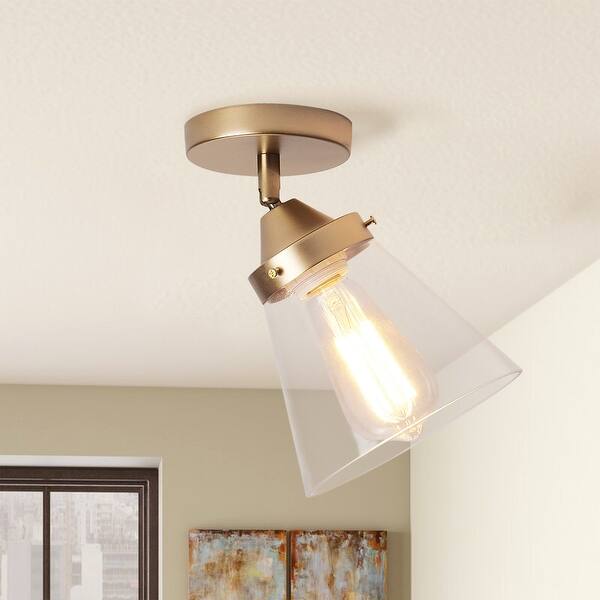 slide 9 of 8, Vintage Gold 1-Light Cone Shape Transparent Glass Ceiling Semi Flush Mount Gold